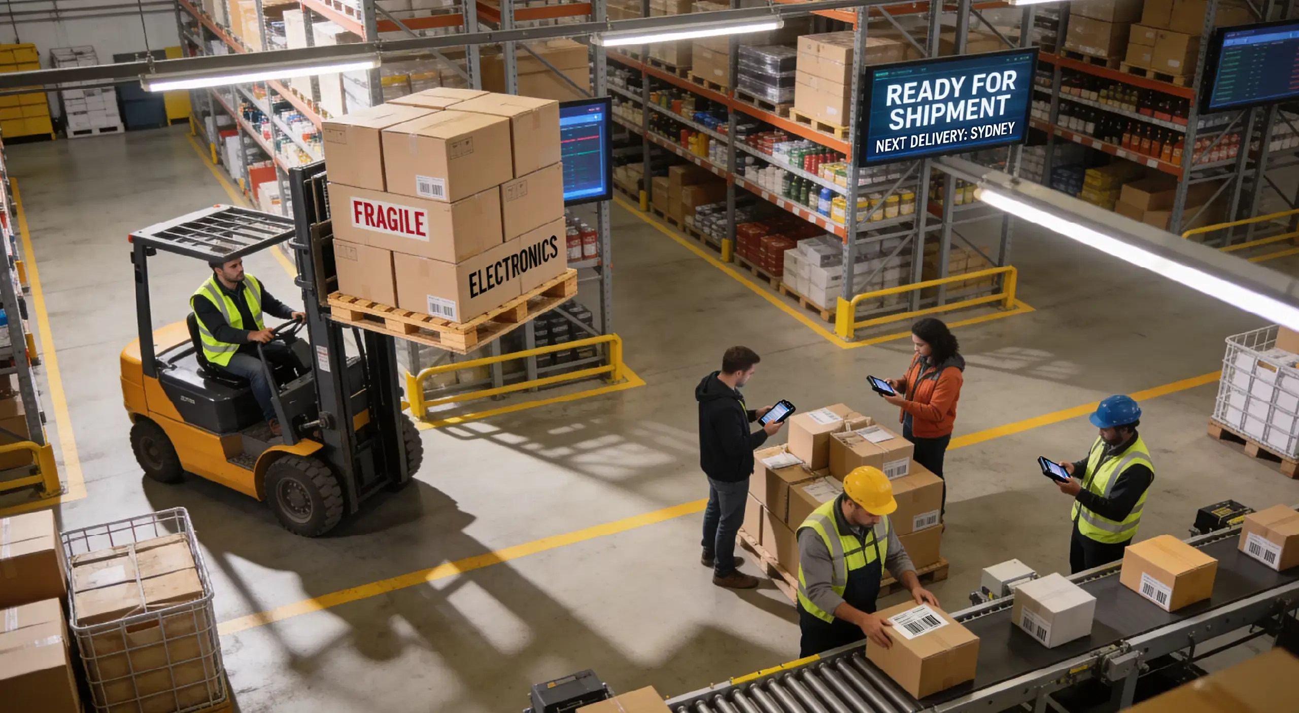 3PL warehouse team preparing e-commerce orders for shipment using barcode scanners and a forklift
