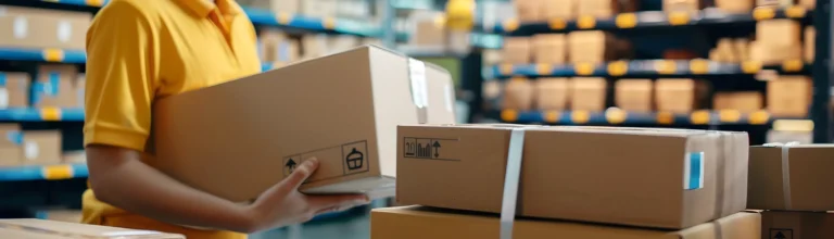 Warehouse worker handling e-commerce packages inside a 3PL fulfillment center