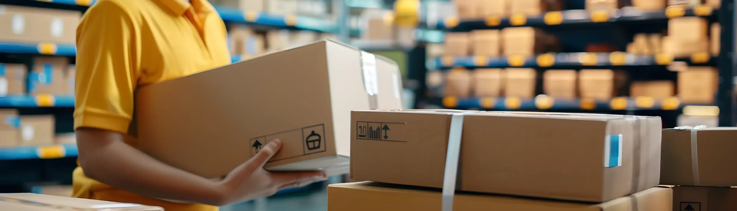 Warehouse worker handling e-commerce packages inside a 3PL fulfillment center